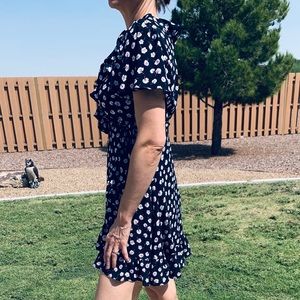 Blue floral wrap tie at waist dress